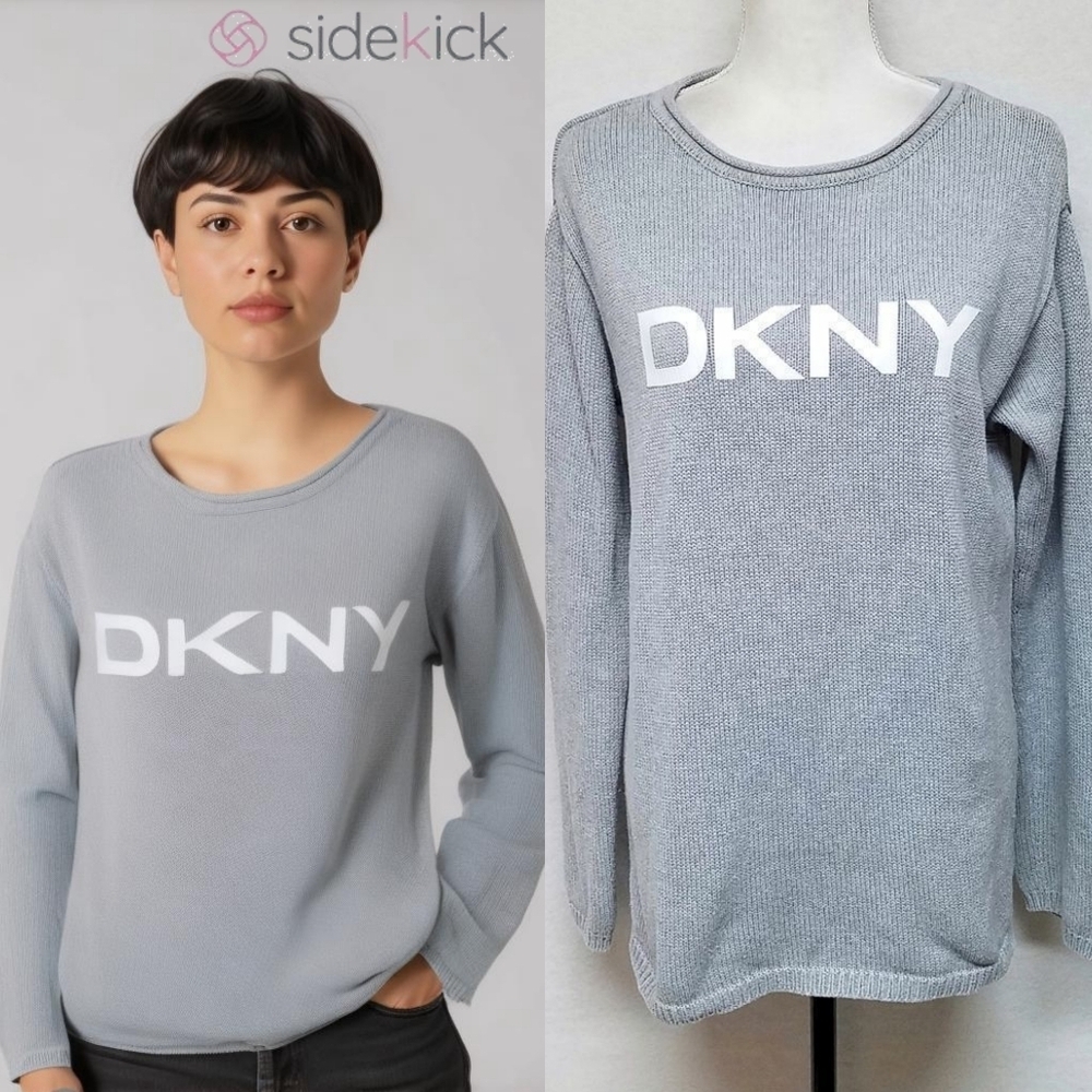 Retro Y2K DKNY Spell Out Printed Woven Gray Scoop Neck Oversized Sweater Small